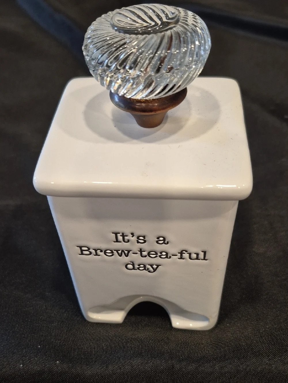 Mud Pie White Ceramic Tea Bag Caddy with Glass Knob 